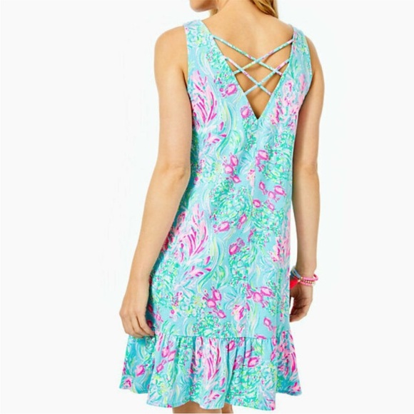 Lilly Pulitzer Kristen Flounce Swing Dress SZ S Amalfi Blue Best Fishes - Picture 3 of 15